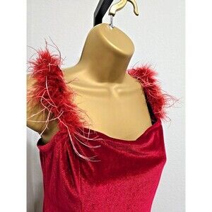 Red Velvet Midi Dress Feather Straps Small Formal Elegant Old Hollywood Cocktail